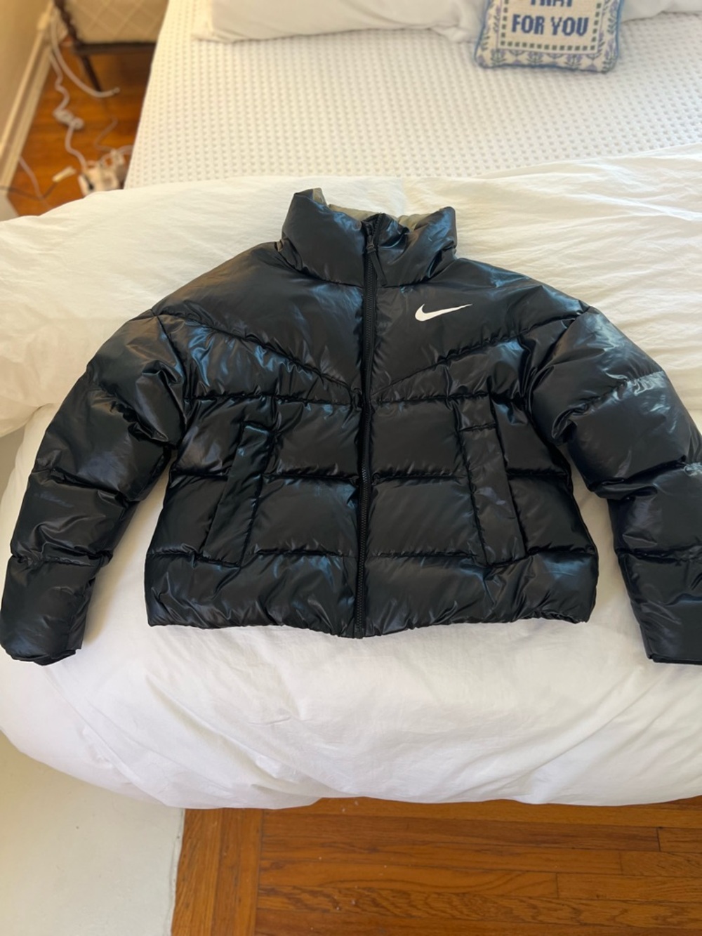 Nike Black Shiny Puffer Jacket with White Swoosh